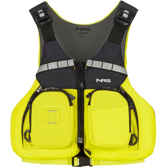 NRS cVest PFD worn by kayaker in open water, showing storage pockets