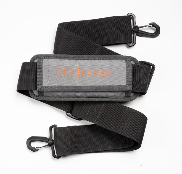 Close-up of the Oru kayak shoulder strap’s padded grip, attached to a Lake model kayak