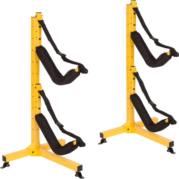Freestanding kayak rack holding two kayaks vertically in a garage