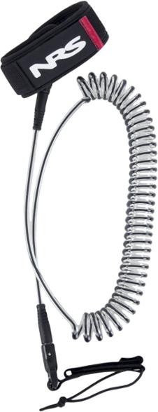 Close-up of the black coiled SUP leash with its padded calf strap, showing the durable construction.