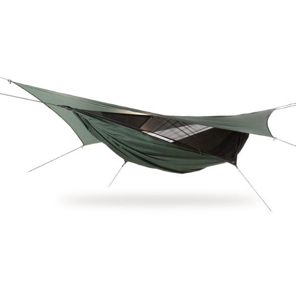 Adventure Asym Zip Hammock setup in a forest with rainfly