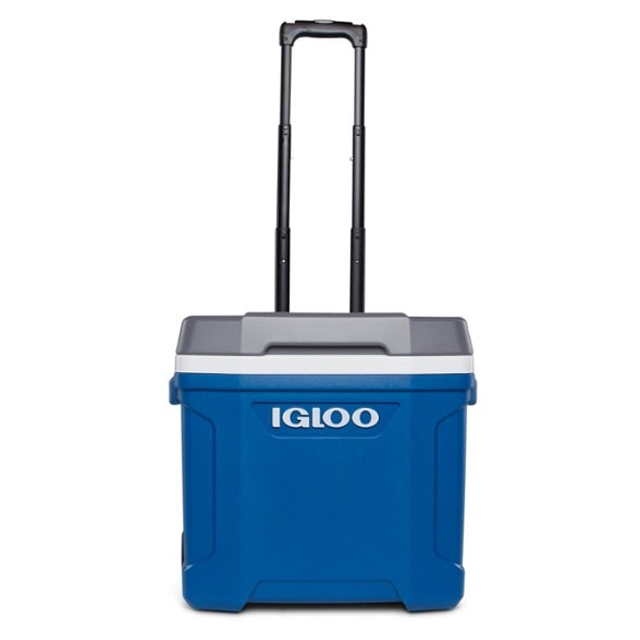 Front view of the Igloo Latitude 30 Pro wheeled cooler, showing its extendable handle and durable wheels ready for transport.