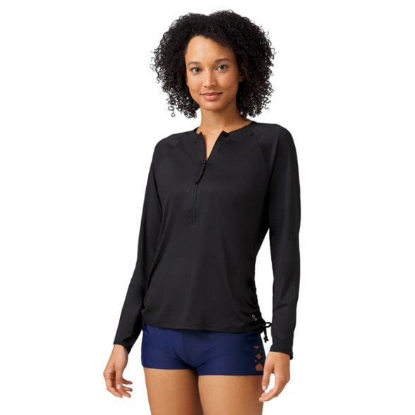Front view of the women's quarter-zip sunshirt, showcasing jade-infused fabric and shirring ties