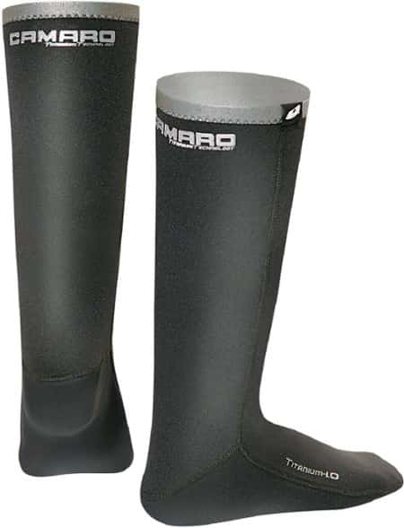 Pair of titanium wetsocks worn with kayaking boots in cold water