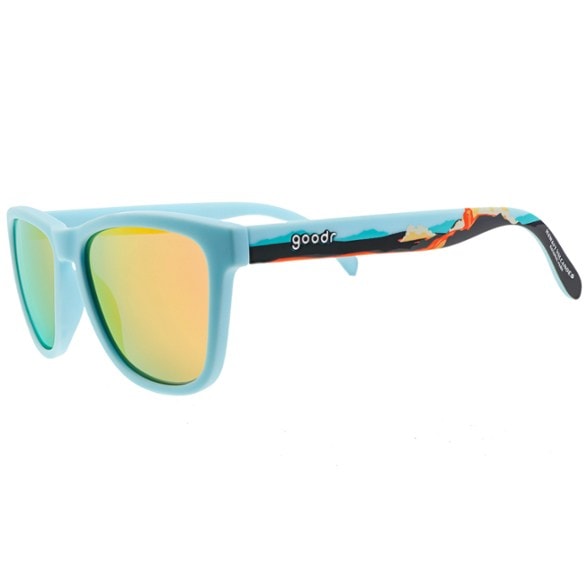 Close-up of Hawaii Volcanoes sunglasses showing light blue frames and amber polarized lenses