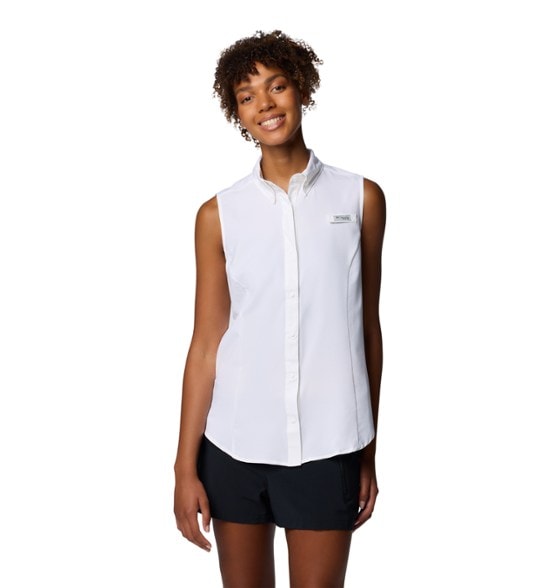 Columbia women's fishing sleeveless shirt showing UV protection features