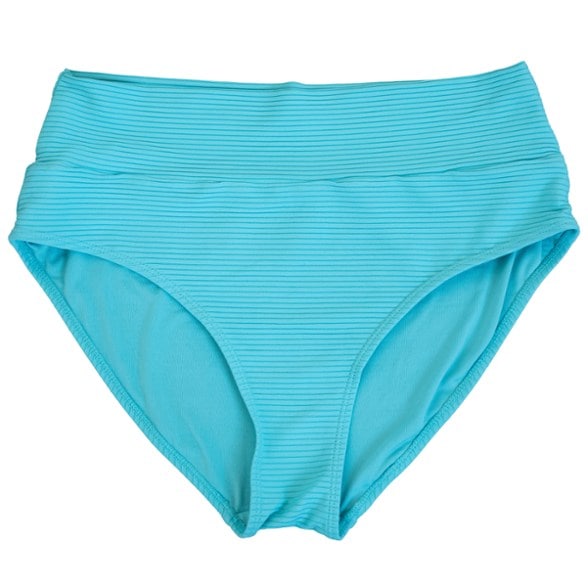 High-rise women's bikini bottoms in a beach setting with sun and sand.