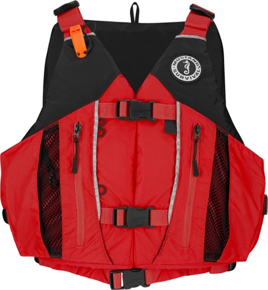 Side view of ComfortPro Kayak PFD highlighting breathable mesh back for paddling.