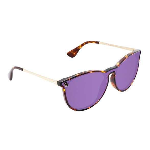 Front-facing view of men's sunglasses with glossy purple lenses and metal temples