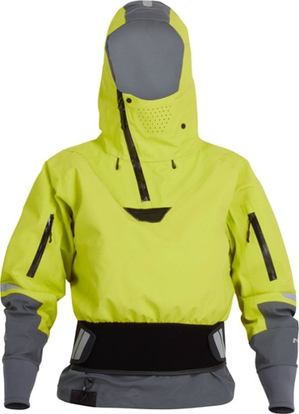 Side view of the women's kayaking jacket showing hood adjustment and reflective sleeve details.