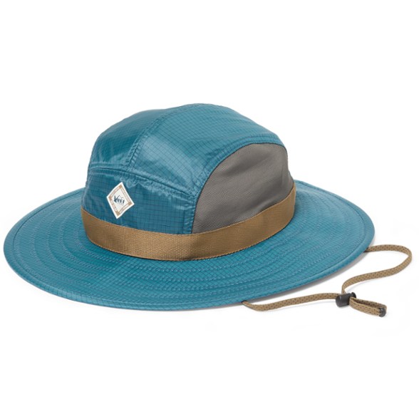 REI Co-op Half Dome Guide hat worn during hike, showing mesh ventilation panels and adjustable chin strap