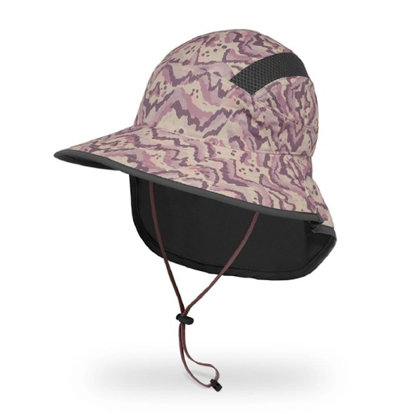 Close-up side view of UPF hat for kids showing neck flap and breathable mesh