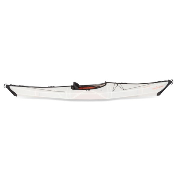 Oru Bay ST foldable kayak in bright yellow, fully assembled on calm water