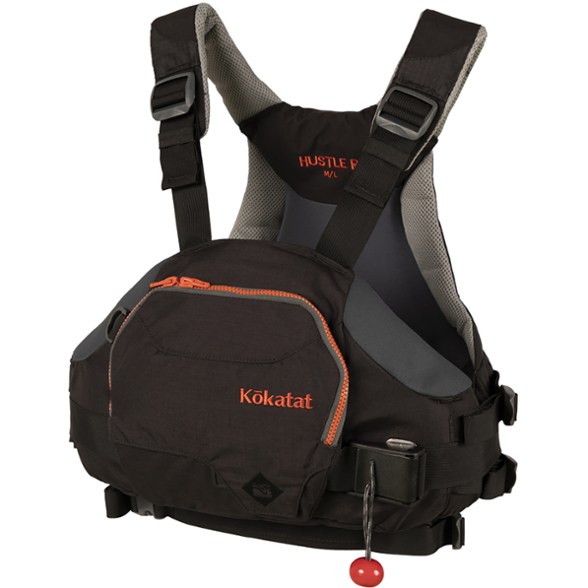 Front view of a Kokatat Hustle R PFD, showcasing its low-profile design and quick-release chest harness for water rescue.