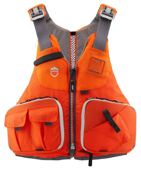 NRS Raku Angler Life Vest on a kayak, showcasing its sleek design and tackle pockets.