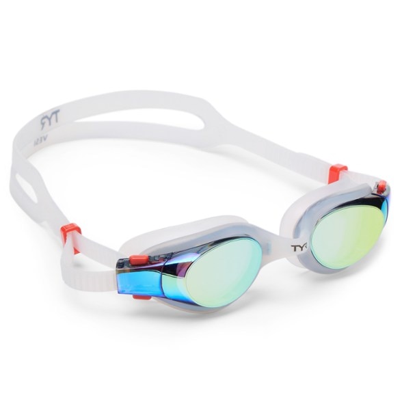 Side view of TYR Vesi HydroStream mirrored goggles featuring sleek lens curvature and reflective coating