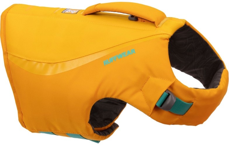 Ruffwear Float Coat Dog Life Jacket seen from the side while dog plays in water.