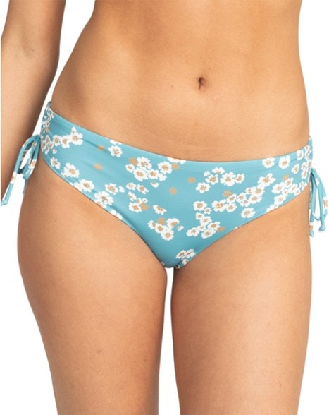 Close-up of Roxy printed beach classics hipster ties swimsuit bottoms with adjustable side ties