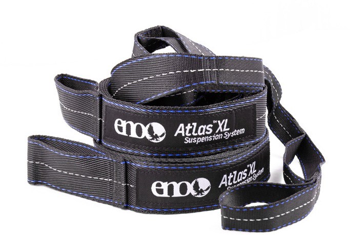 ENO Atlas XL hammock suspension system showcasing adjustable straps and reflective stitching for night visibility.
