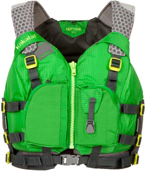 Front view of the Kokatat Neptune PFD showcasing articulated foam panels and adjustable straps.