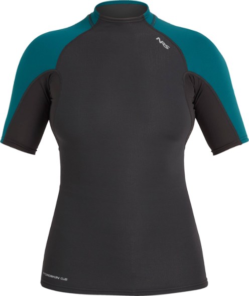 Woman wearing HydroSkin thermal rashguard while kayaking in cold water