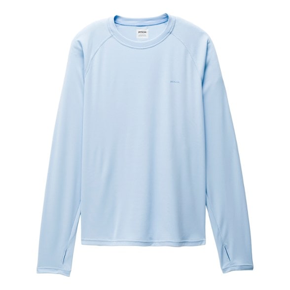 Front view of men's long sleeve shirt with UPF 50 protection, ideal for running and hiking.