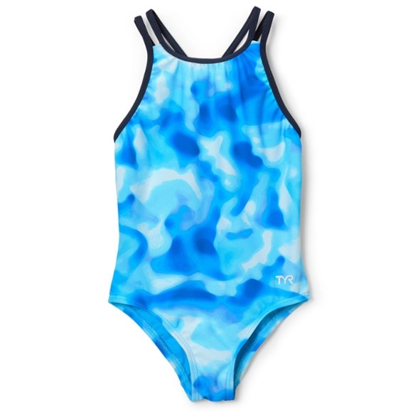 Front view of Oliviafit girls' one piece swimsuit with vibrant colors, ideal for swimming competitions.
