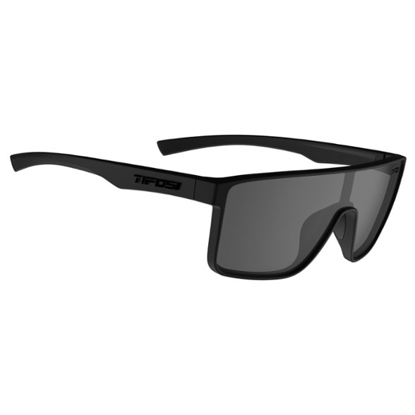 Front angle view of Tifosi sunglasses showing smoke-tinted polarized lenses and Thrive frame material