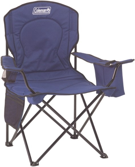 Coleman Cooler Quad chair in use at a camping site, with a cooler pouch and cup holder visible