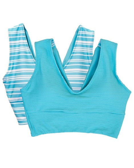 Front view of the women's V-neck reversible swimsuit showing secure crop top fit