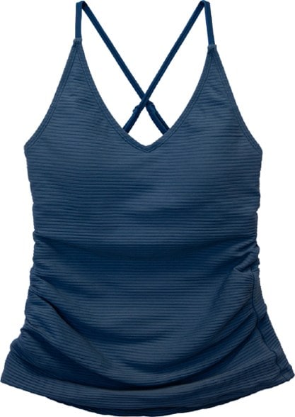 Women wearing the Nani sun-protective tankini top at the beach, showing side ruching and adjustable straps.