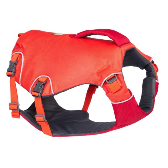 Ruffwear Confluence dog life jacket on a golden retriever in water