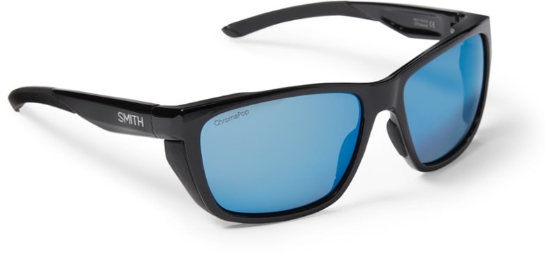 Close-up of Smith Longfin sunglasses showing ChromaPop lenses and Megol side shields.