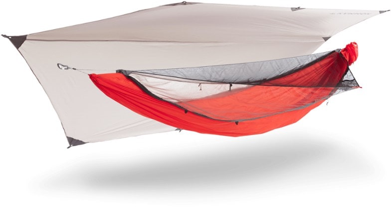 Kammok Mantis Ultralight hammock tent deployed in forest with rainfly partially open