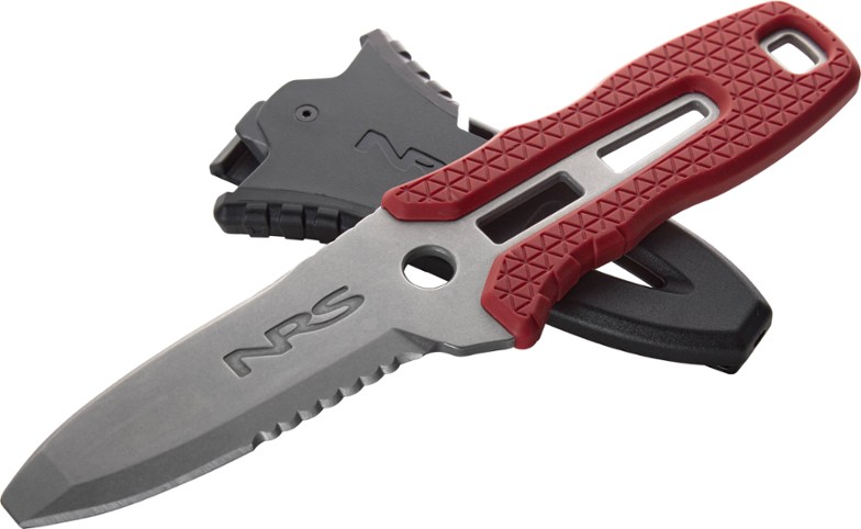 Close-up of NRS rescue knife with sheath showing fixed blade and quick-release feature