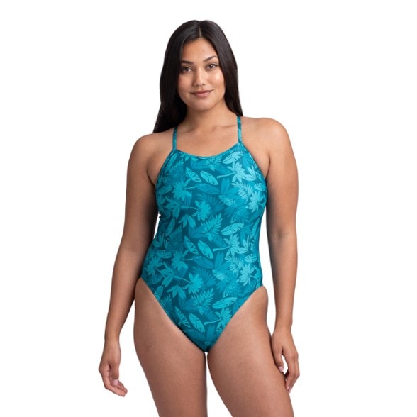 Front view of JOLYN Brandon 2 print onesie swimsuit on a model during a swim session