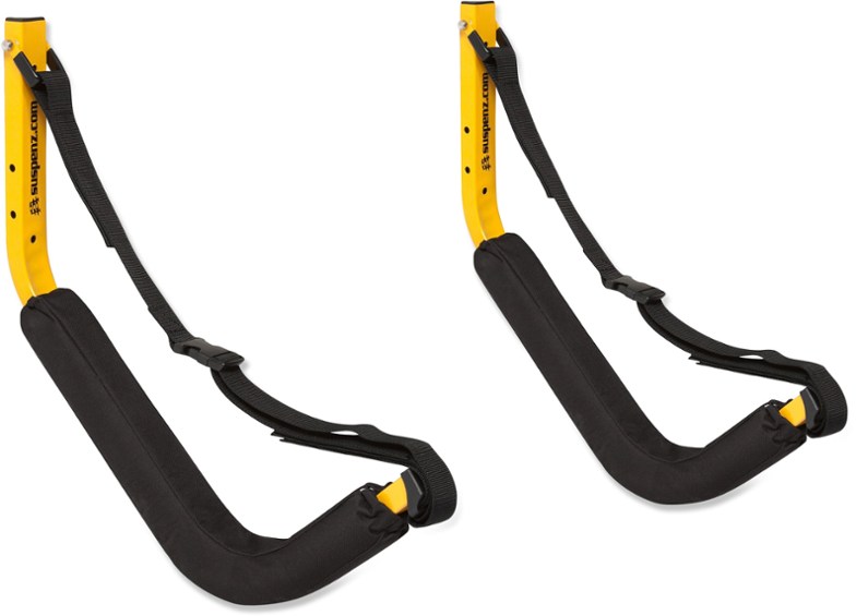 EZ Canoe Storage Rack mounted on a garage wall, holding a kayak securely.
