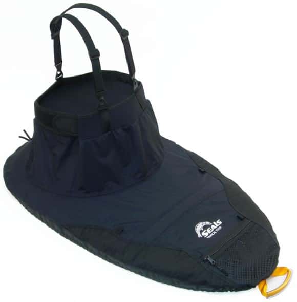 Top view of spray skirt sealed tightly around kayak cockpit