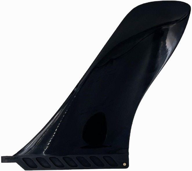 Durable Touring Safety Flex Fin installed on a paddleboard, showcasing its tool-free installation feature.