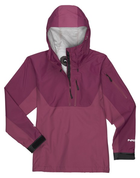 NRS High Tide women's paddling jacket front view, showcasing the articulated hood and zippered pockets