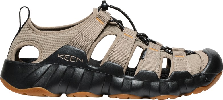 Close-up of KEEN Hyperport H2 sandals showing the durable polyester webbing and unique bungee lace system.