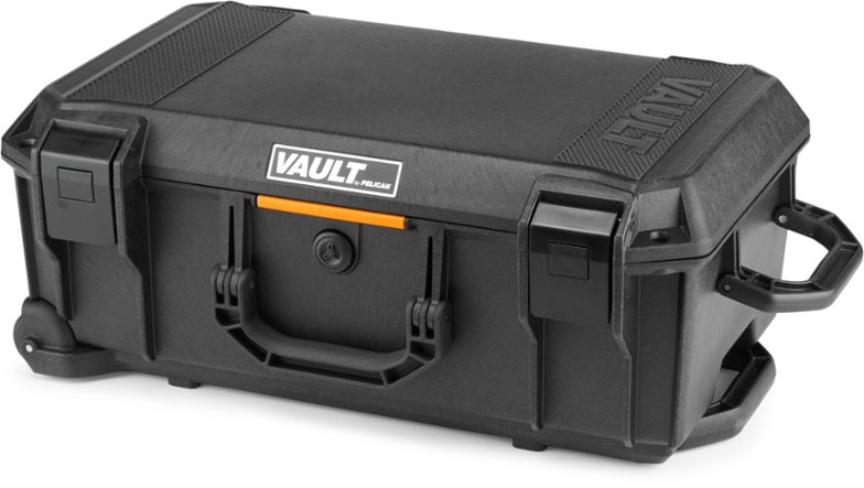 Pelican V525 Vault Rolling Hard Case with customizable foam insert, closed and ready for travel