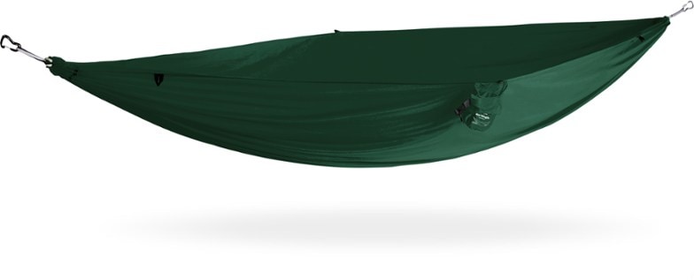 EcoCamp Single Hammock setup in a serene forest, showcasing its lightweight and compact design.