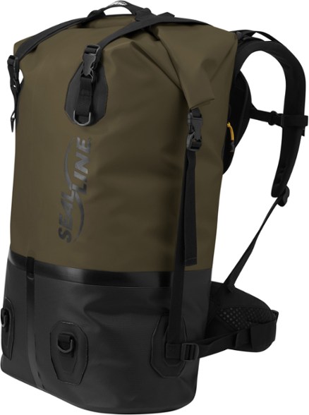 Front view of RiverBound 70L expedition dry pack secured to a canoe—perfect for long paddling trips.