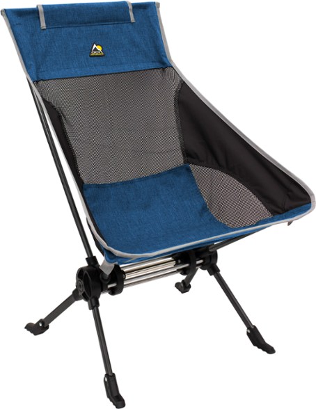 Close-up of the GCI Outdoor ComPack Rocker with mesh backrest and padded seat for camping comfort