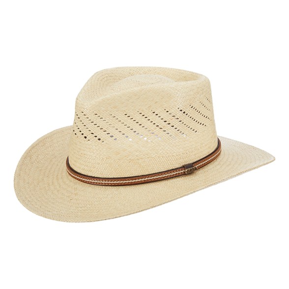 Muirfield Panama Outback Hat shown in outdoor setting, showcasing its wide brim and vented crown.