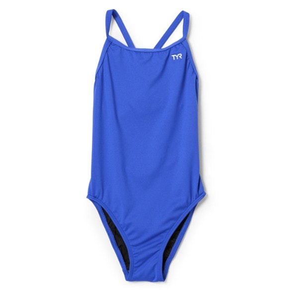 Front view of the TYR Durafast Elite Diamondfit women's performance swimsuit in a vibrant blue color, showing the medium neckline and sleek straps.