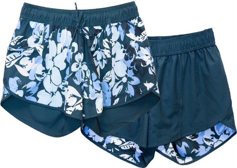 Front view of women's high-rise reversible shorts with pockets and adjustable drawstring