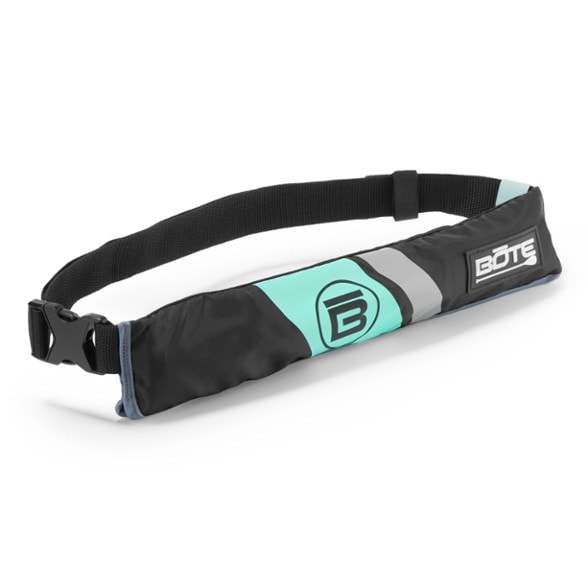 Close-up of the inflatable belt PFD with CO2 inflator and adjustable straps for water sports