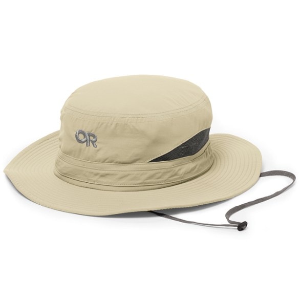 Side view of outdoor insect shield hiking hat with wide brim and mesh panels for ventilation